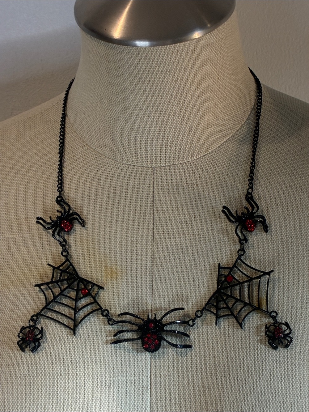 NWT Black coated metal spider web statement necklace with red accents Halloween